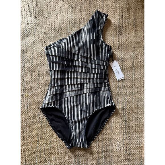 Calvin Klein Striped One Piece Swimsuit in Black Multi size 10 - Picture 2 of 3